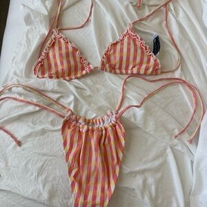 Pink & Yellow Striped Ruffle Triangle Bikini Set